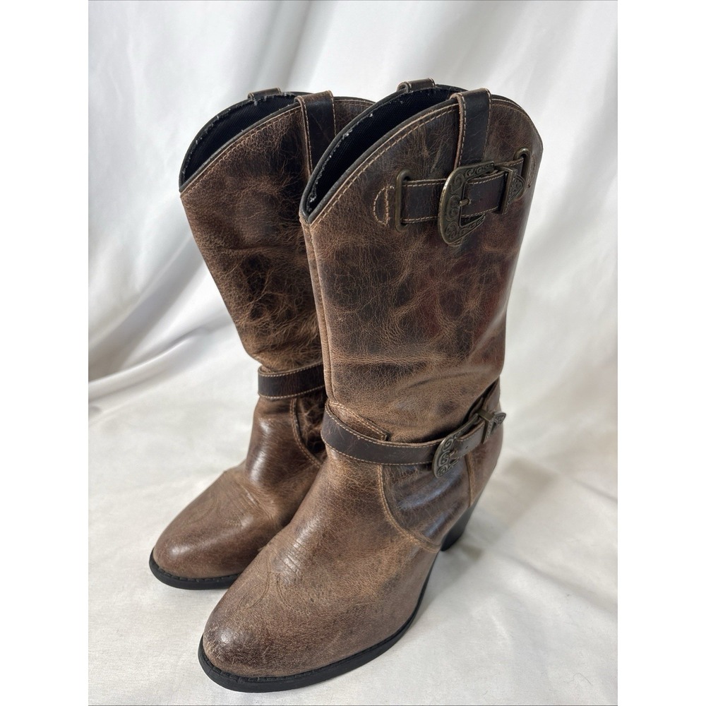 Dingo Women's Brown Leather Harness Western Boots Size 7 M Buckle Cowgirl